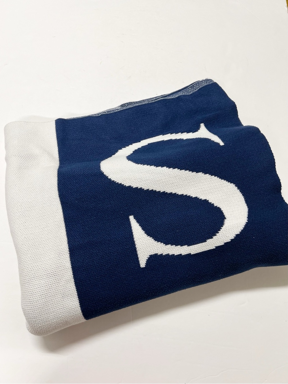 Pottery Barn Home Classic Navy and Cream Knit Bold Script S Initial Blanket